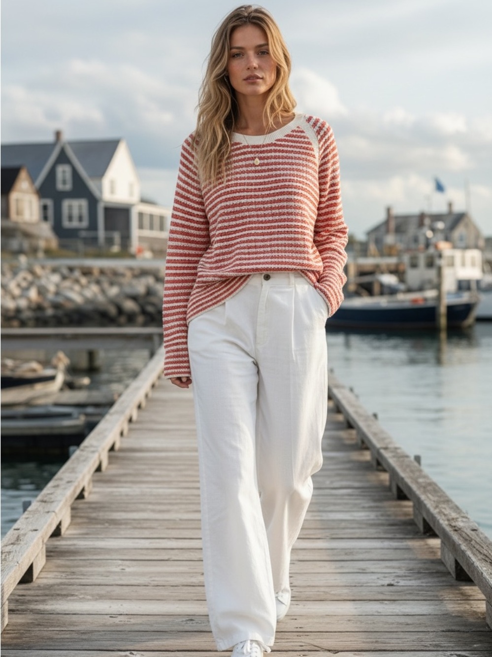 LOFT Striped Coral & White Beach Preppy Nautical Open Knit Sweater